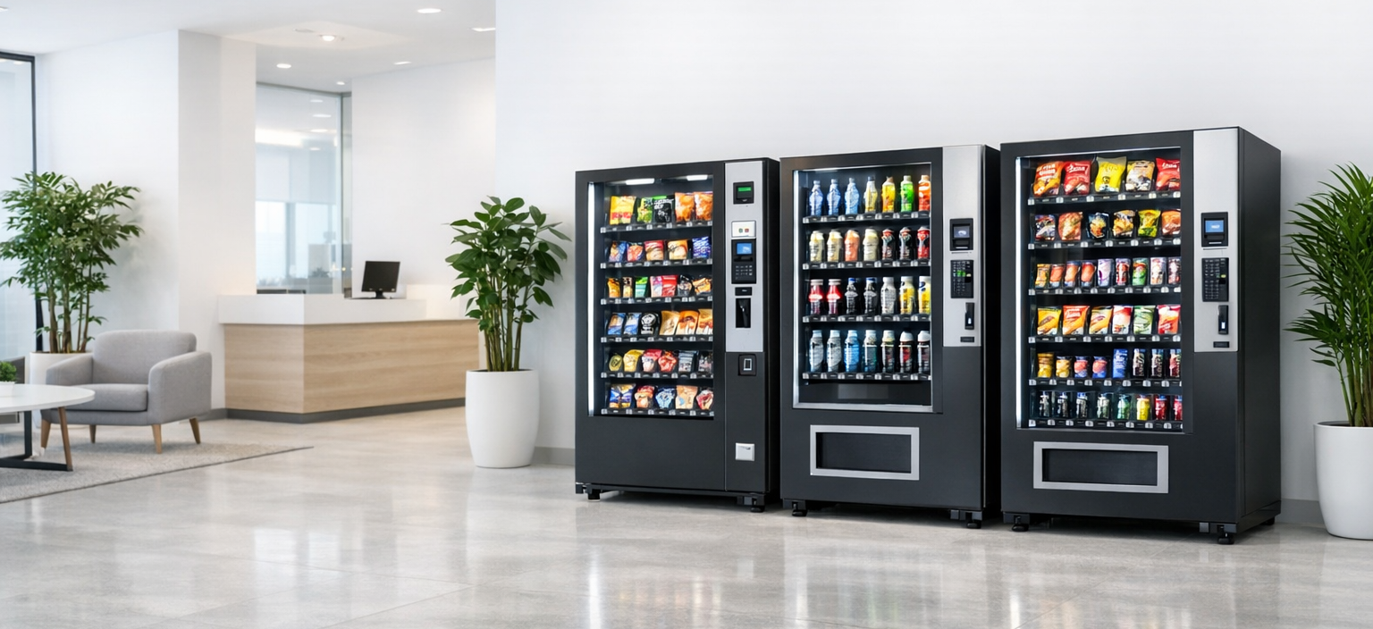 Free vending machines in a modern corporate business lobby — snack, drink & combo bays