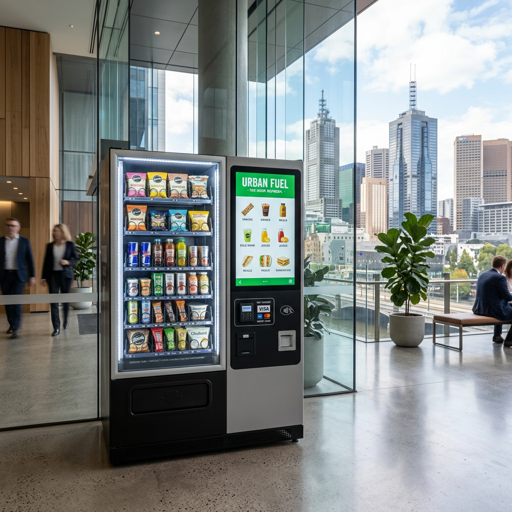 Smart touchscreen vending machine with cashless payments in an urban tech office
