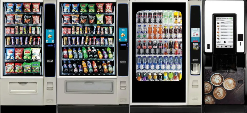 Free vending machine fleet lineup — snack, large combo, drinks and coffee machines available across the USA
